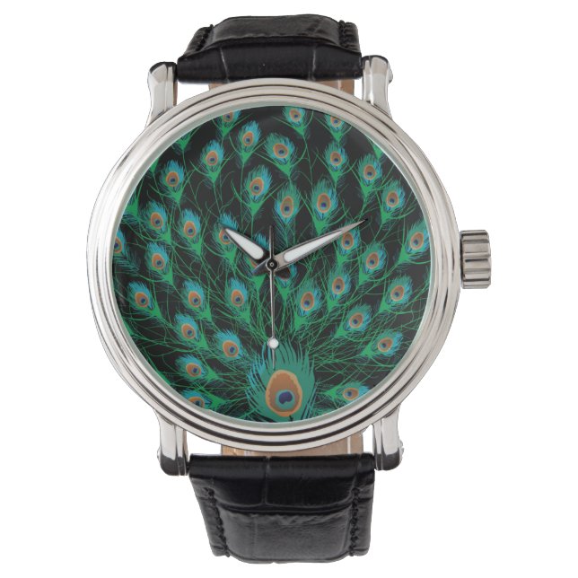 Illustratie met Peacock-veren op zwart Horloge (Voorkant)