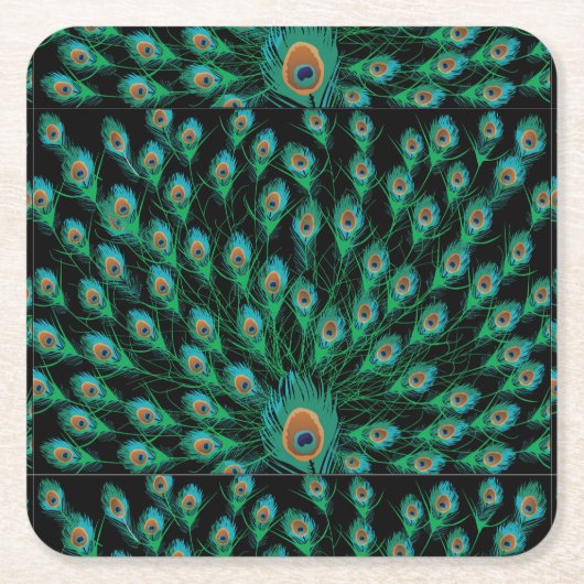 Illustratie met Peacock-veren op zwart Kartonnen Onderzetters (Voorkant)