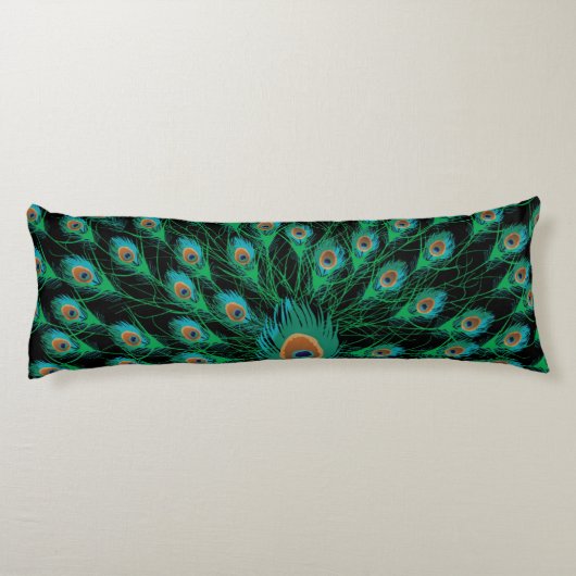 Illustratie met Peacock-veren op zwart Lichaamskussen (Achterkant)