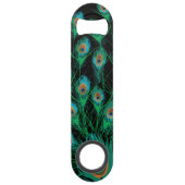 Illustratie met Peacock-veren op zwart Speed Flessenopener (Achterkant)