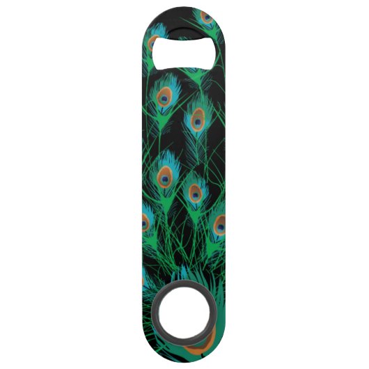 Illustratie met Peacock-veren op zwart Speed Flessenopener (Voorkant)