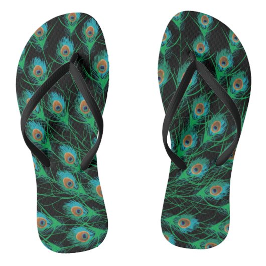 Illustratie met Peacock-veren op zwart Teenslippers (Voetbed)