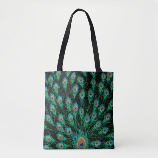 Illustratie met Peacock-veren op zwart Tote Bag (Voorkant)