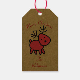 Illustratie met rode kerstrenrendieren cadeaulabel