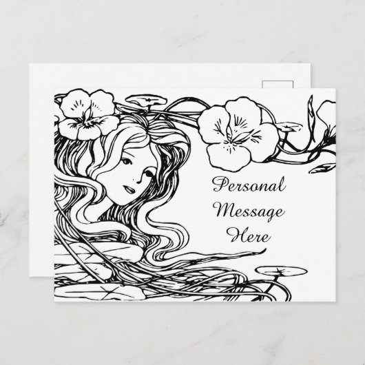 Illustratie Mooie Dame Stromend Haar & Bloemen Briefkaart (Voorkant / Achterkant)