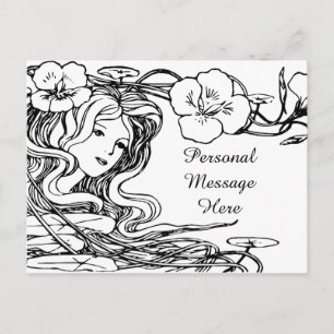 Illustratie Mooie Dame Stromend Haar & Bloemen Briefkaart