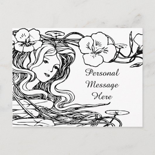 Illustratie Mooie Dame Stromend Haar & Bloemen Briefkaart (Voorkant)