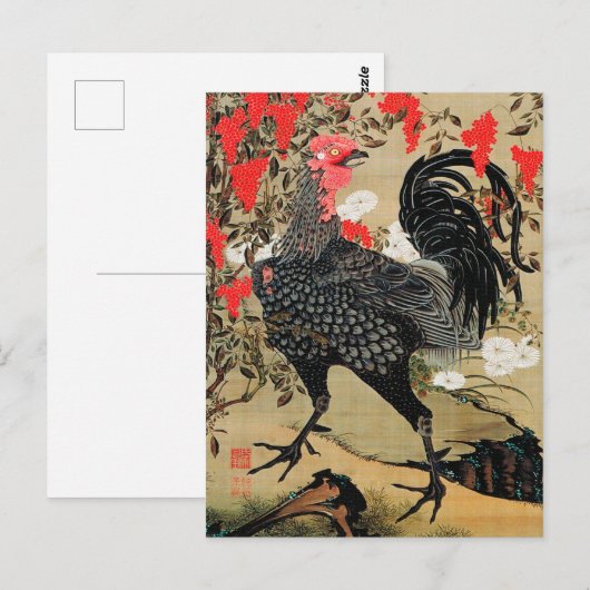 Illustratie Nandina en Rooster door Ito Jakuchu Briefkaart (Voorkant / Achterkant)