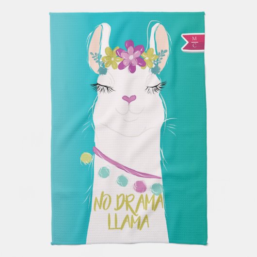 Illustratie nr. Drama Llama met monogram Theedoek (Verticaal)