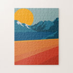 Illustratie Oranje blauw landschap van Retro Mount Legpuzzel<br><div class="desc">Deze stijlvolle puzzel is voorzien van een kleurrijke en gedurfde illustratie van een retro berglandschap in rood,  oranje en blauw.</div>