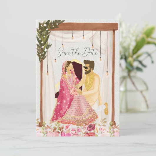 Illustratie Pakistaans bruiloft Save The Date (Staand voorkant)