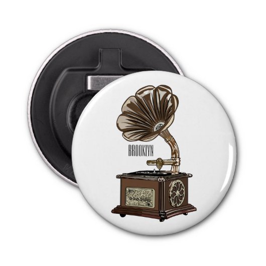 illustratie Platenspeler cartoon Button Flesopener (Voorkant)