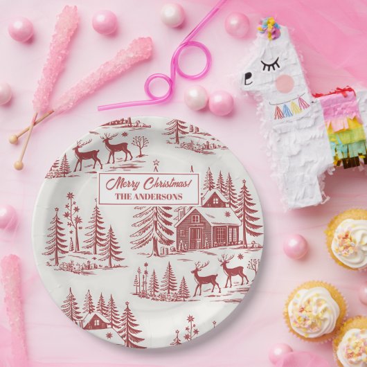  Illustratie Rendieren en Huizen Winter Papieren Bordje (Feest)