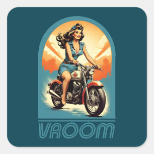 Illustratie - Retro 60s Biker Meisje Vierkante Sticker