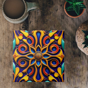 Illustratie Retro Blue Floral Art Deco Tegeltje