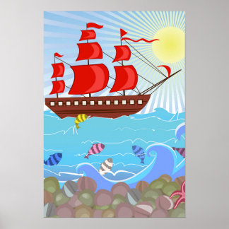 Illustratie: Rode Piratenschip Poster