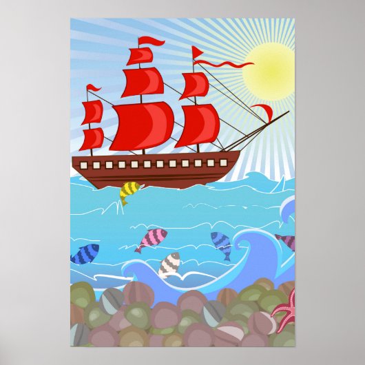 Illustratie: Rode Piratenschip Poster (Voorkant)