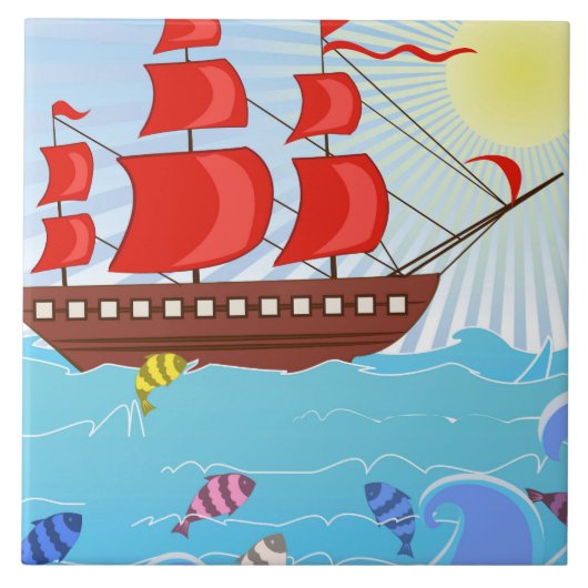 Illustratie: Rode piratenschip Tegeltje (Voorkant)
