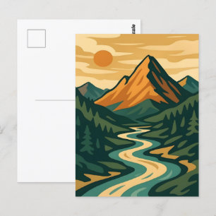 Illustratie rood blauw van het berglandschap van R Briefkaart
