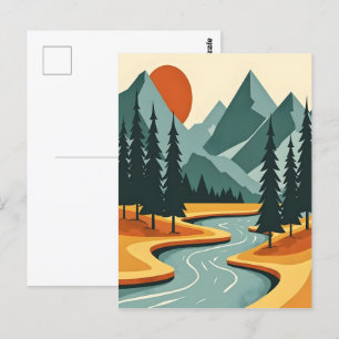 Illustratie rood blauw van het berglandschap van R Briefkaart