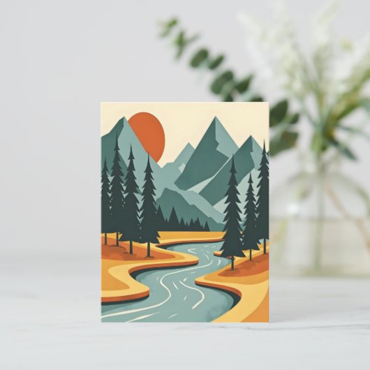 Illustratie rood blauw van het berglandschap van R Briefkaart (Staand voorkant)