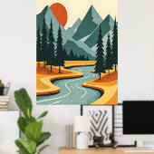 Illustratie rood blauw van het berglandschap van R Poster (Thuiskantoor)