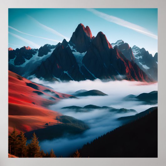 Illustratie rood blauw van het berglandschap van R Poster (Voorkant)