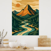 Illustratie rood blauw van het berglandschap van R Poster (Keuken)