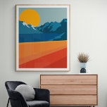 Illustratie rood blauw van het berglandschap van R Poster<br><div class="desc">Dit stijlvolle poster is voorzien van een kleurrijke en gedurfde illustratie van een retro berglandschap in rood,  oranje en blauw.</div>