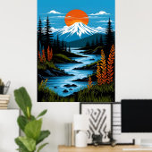 Illustratie rood blauw van het berglandschap van R Poster (Thuiskantoor)