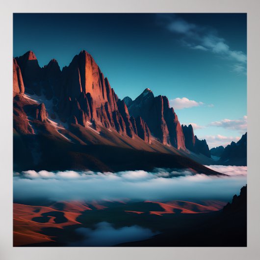 Illustratie rood blauw van het berglandschap van R Poster (Voorkant)