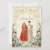 Illustratie rood en goud Indiaas paar Save The Date (Voorkant)