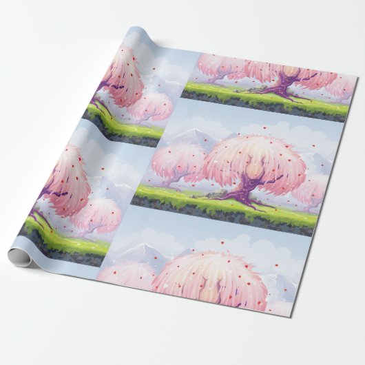 Illustratie roze bomen cadeaupapier (Uitgerold)
