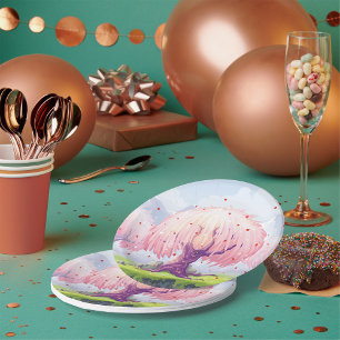 Illustratie roze bomen papieren bordje