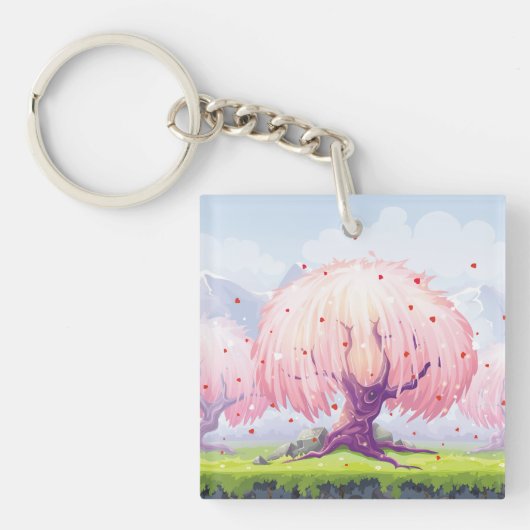 Illustratie roze bomen sleutelhanger (Voorkant)