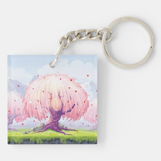 Illustratie roze bomen sleutelhanger (Achterkant)