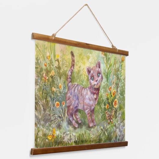 Illustratie Schattige Kitten Tuin Vlinderbloemen Hangend Wandkleed (Gebogen)