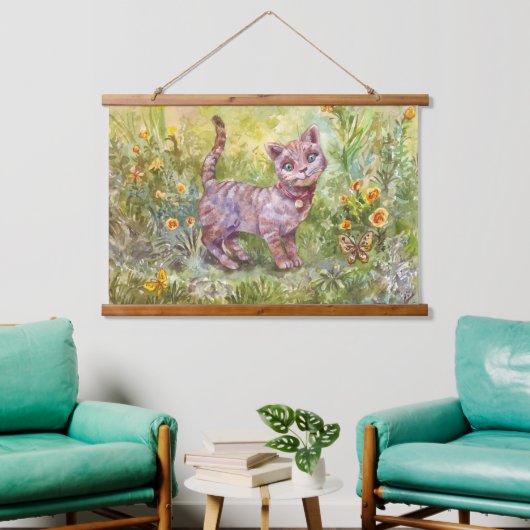 Illustratie Schattige Kitten Tuin Vlinderbloemen Hangend Wandkleed (Woonkamer)