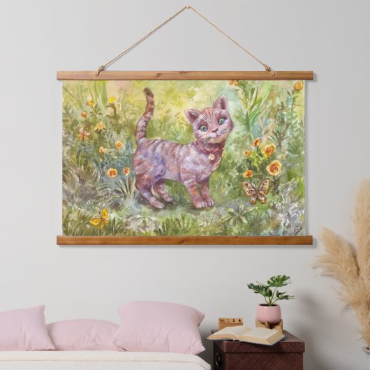 Illustratie Schattige Kitten Tuin Vlinderbloemen Hangend Wandkleed (Slaapkamer)