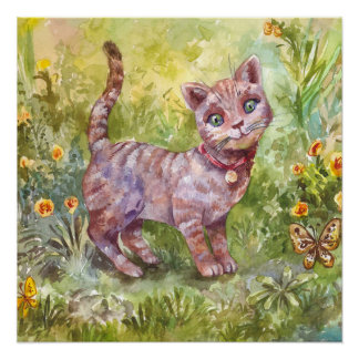 Illustratie Schattige Kitten Tuin Vlinderbloemen Perfect Poster