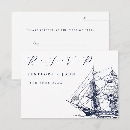 Illustratie Scheepshuwelijk Script Trouwdag RSVP Kaartje (Voorkant / Achterkant)