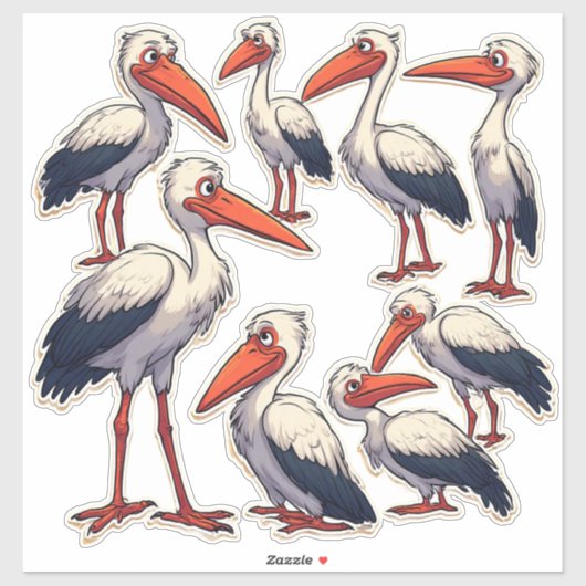 Illustratie sticker set met leuke cartoon ooievaar (Vel)