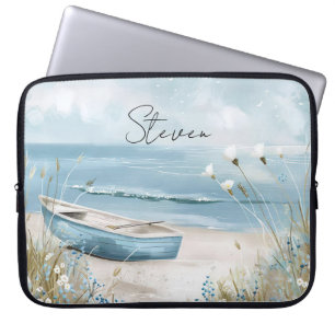 Illustratie Strandscène Pastelkleuren met naam Laptop Sleeve