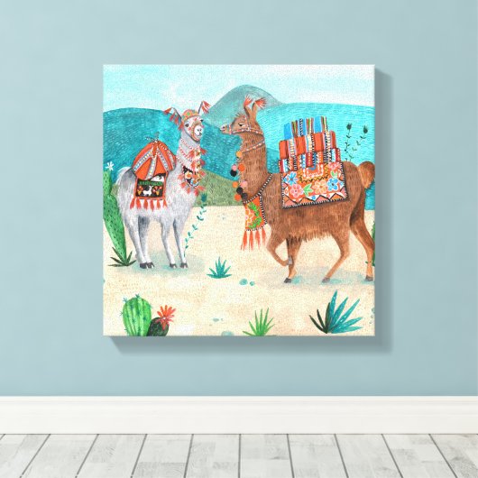 Illustratie Tropical Peru Llamas | Canvas (Insitu (Houten vloer))