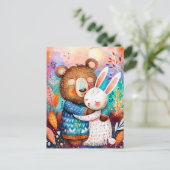 Illustratie van beer knuffelkonijn in het bos. briefkaart (Staand voorkant)