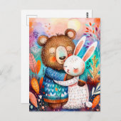 Illustratie van beer knuffelkonijn in het bos. briefkaart (Voorkant / Achterkant)