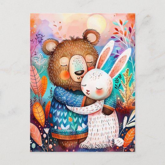 Illustratie van beer knuffelkonijn in het bos. briefkaart (Voorkant)