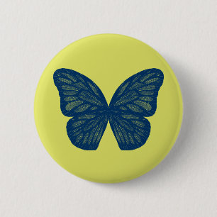 Illustratie van blauwe vlinder vleugels gele knop ronde button 5,7 cm
