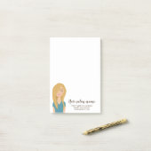 Illustratie van blonde vrouw met lang haar in kaps post-it® notes (Op bureau)