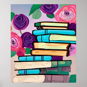 Illustratie van boeken en bloemen Digitale kunst Poster